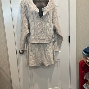 Blu Pepper Cream Tan Off-the-Shoulder Sweater and shorts set.